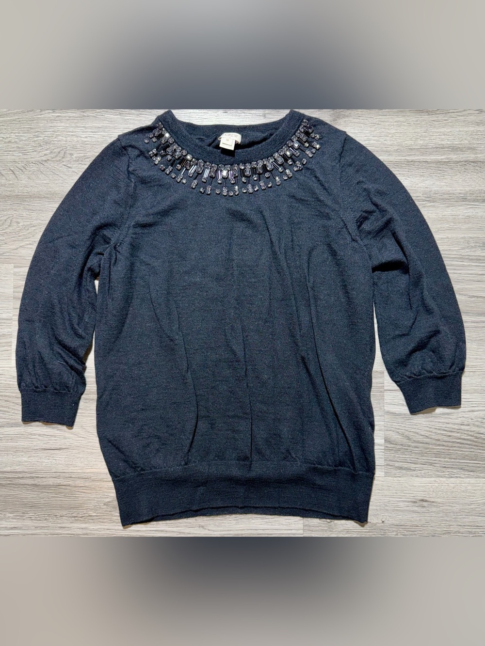 J.Crew Women’s Embellished Sweater Jewel Neck 3/4 Sleeve Size M Gray